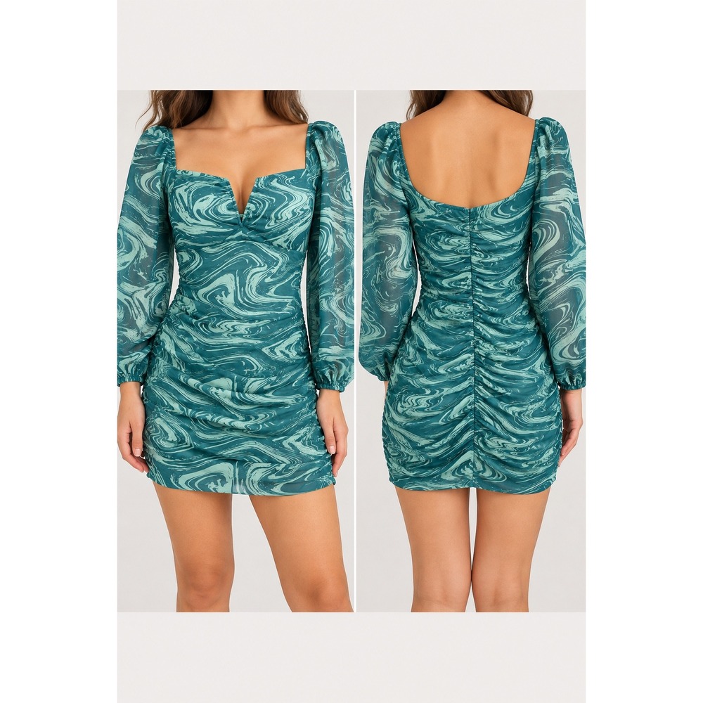 ChicMe Teal Marble Mesh Ruched Off Shoulder Long Sleeve Top Large ODF1620
